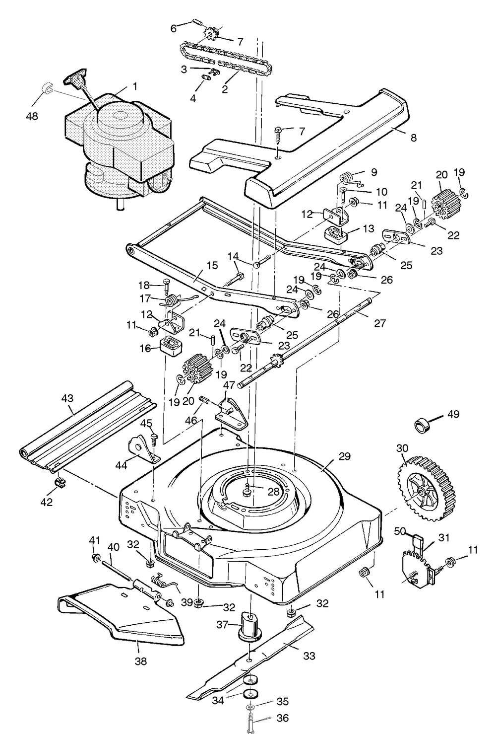 Mower Housing Assembly Diagram and Parts List for 22635D 1996 Briggs and Stratton Lawn Mower